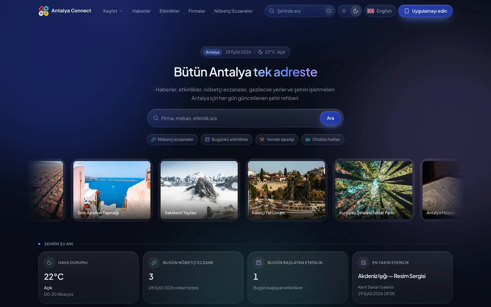 Şehrin web sitesinin ana sayfası